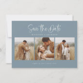 Budget Blue Simple Calligraphy Script Vier Foto Save The Date (Vorderseite)