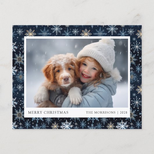 Budget Blue Snowflake Foto Weihnachtskarte (Vorderseite)