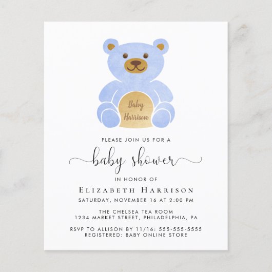 Budget Blue Teddy Bear Baby Boy Dusche Einladung (Vorderseite)