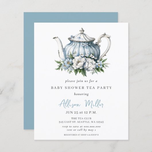 Budget Blue Tee Party Boy Baby Dusche Einladung (Vorne/Hinten)