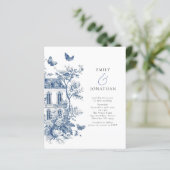 Budget Blue Toile De Jouy QR Code Wedite Einladung (Stehend Vorderseite)