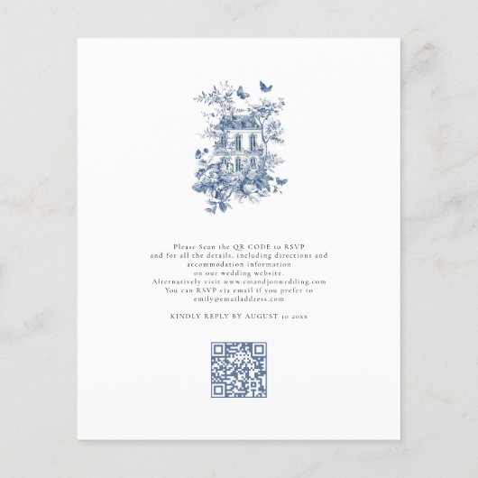 Budget Blue Toile De Jouy QR Code Wedite Einladung (Rückseite)