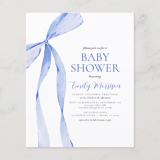 Budget Blue Watercolor Bow Boy Baby Dusche (Vorderseite)