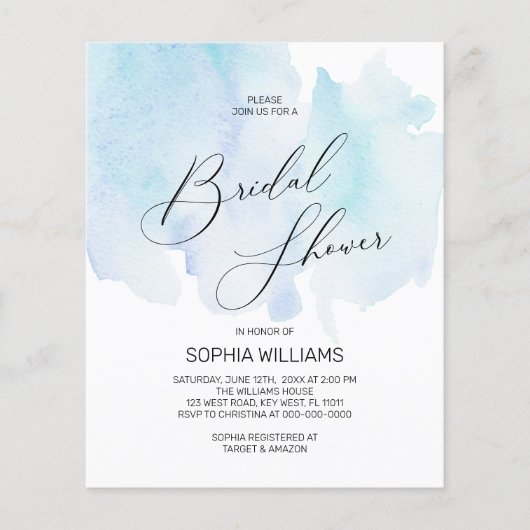 Budget Blue Watercolor Bridal Dusche Einladung (Vorderseite)