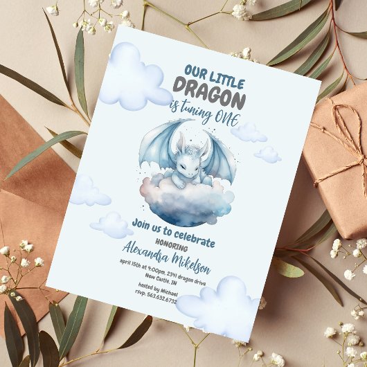 Budget Blue Watercolor Dragon Baby 1. Geburtstag