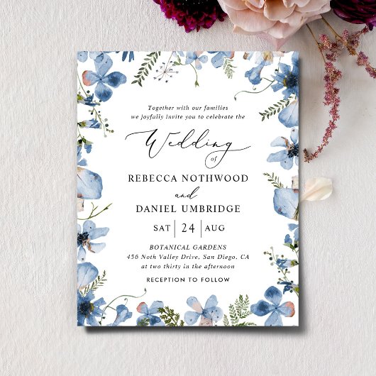 Budget Blue Watercolor Floral Wedding Einladung