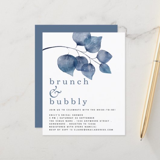 Budget Blue Watercolor Foliage Brautparty (Vorderseite/Rückseite Beispiel)