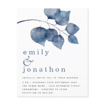 Budget Blue Watercolor Foliage Hochzeit Einladung