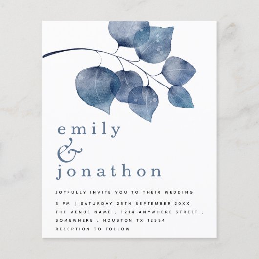 Budget Blue Watercolor Foliage Hochzeit Einladung (Vorderseite)
