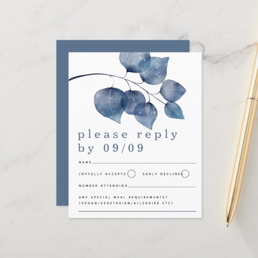 Budget Blue Watercolor Foliage Wedding RSVP (Vorderseite/Rückseite Beispiel)