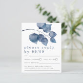 Budget Blue Watercolor Foliage Wedding RSVP (Stehend Vorderseite)