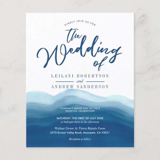 Budget Blue Watercolor Wave Wedding Einladung (Vorderseite)