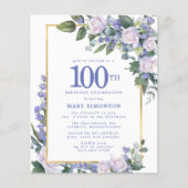 Budget Blue White Floral 100. Geburtstag Einladung (Vorderseite)
