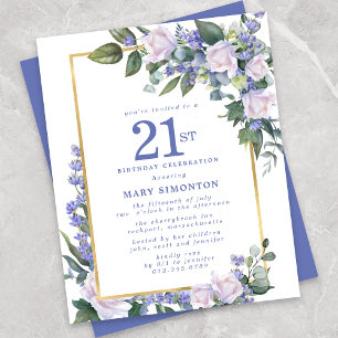 Budget Blue White Floral 21. Geburtstag Einladung