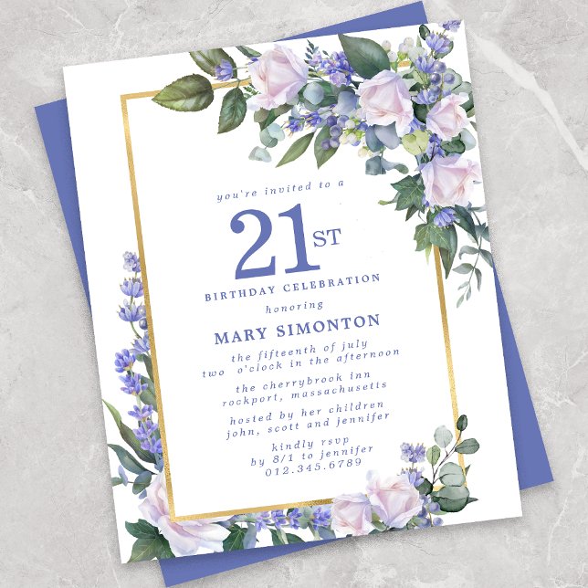 Budget Blue White Floral 21. Geburtstag Einladung (Von Creator hochgeladen)