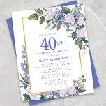 Budget Blue White Floral 40. Geburtstag Einladung<br><div class="desc">Hübsche Aquarellrosen und blaue Blumen sind in dunkelgrünen Blätter auf einem goldenen Rahmen eingebettet.</div>