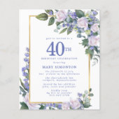 Budget Blue White Floral 40. Geburtstag Einladung (Vorderseite)
