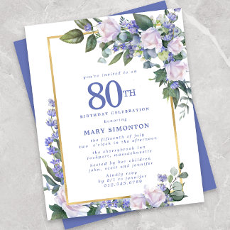 Budget Blue White Floral 80. Geburtstag Einladung