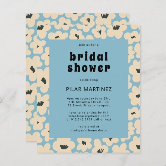 Budget Blue White Floral Bridal Dusche Einladung (Vorne/Hinten)