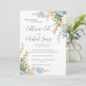 Budget Blue & White Floral Elegant Wedding Einladung (Stehend Vorderseite)
