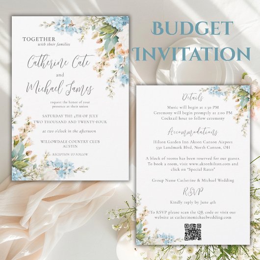 Budget Blue & White Floral Elegant Wedding Einladung