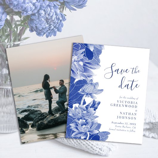 Budget Blue White Floral mit Foto Save the Date
