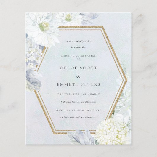 Budget Blue White Floral Wedding Einladung (Vorderseite)