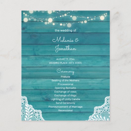 Budget Blue Wood, Lights, Lace Wedding Programm (Vorderseite)
