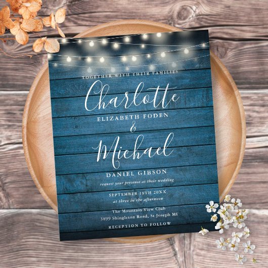 Budget Blue Wood String Lights Hochzeitseinladung