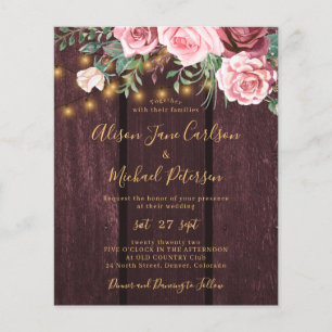 Budget-Blumen gold-bordeauxrote Hochzeitseinladung Flyer