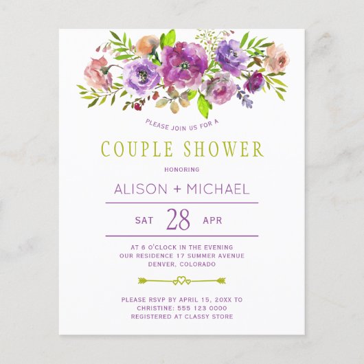 Budget Blumen Hochzeit Paar Dusche Einladung (Vorderseite)