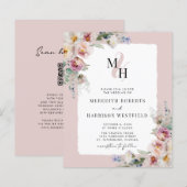 Budget-Blumen-QR-Code-Monogramm-Hochzeitseinladung (Vorne/Hinten)