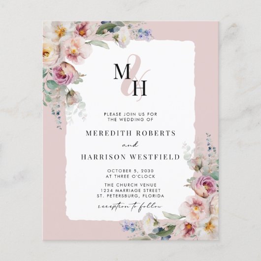 Budget-Blumen-QR-Code-Monogramm-Hochzeitseinladung (Vorderseite)