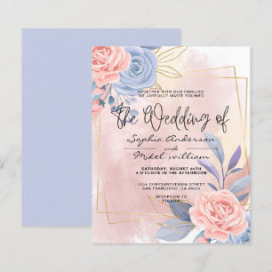 Budget Blumenblauer & rosa Brush Hochzeit Einladun