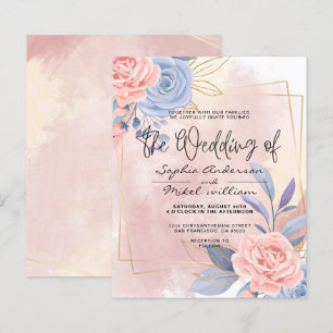 Budget Blumenblauer & rosa Brush Hochzeit Einladun