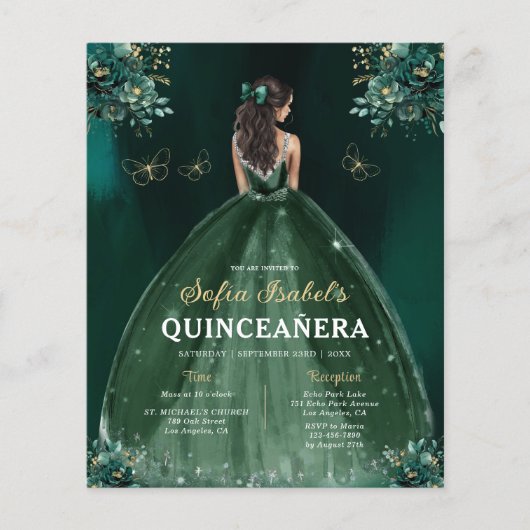 Budget Blumengrün Kleid QR Code Quinceanera Flyer (Vorne)