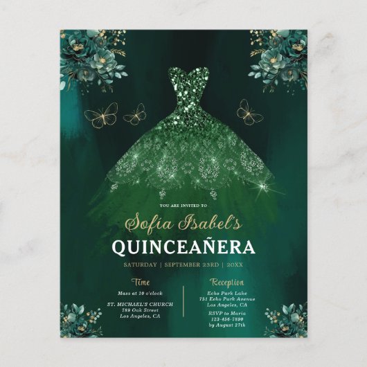 Budget Blumengrün Kleid QR Code Quinceanera Flyer (Vorne)