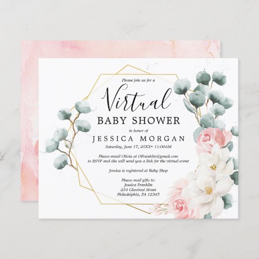 Budget Blumengrün Virtual Baby Dusche Einladung (Vorne/Hinten)