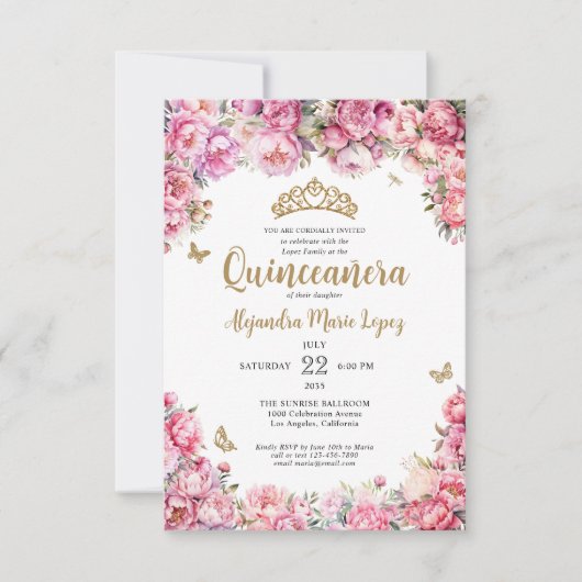 Budget Blumenrosa Glitzer Tiara Quinceañera Mitteilungskarte (Vorderseite)