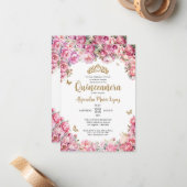 Budget Blumenrosa Glitzer Tiara Quinceañera Mitteilungskarte (Vorderseite/Rückseite Beispiel)