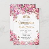 Budget Blumenrosa Glitzer Tiara Quinceañera Mitteilungskarte (Vorne/Hinten)