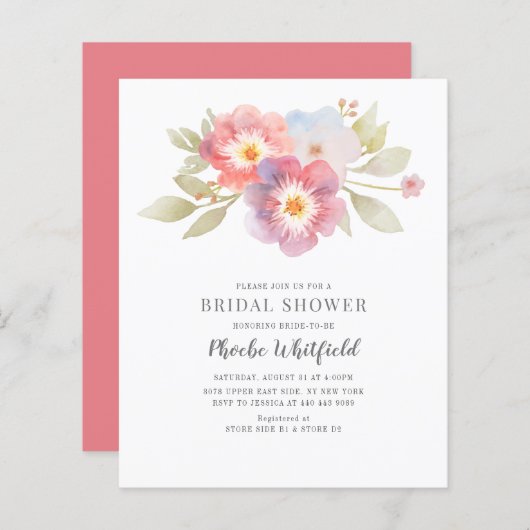 Budget Blumenrosa Lila Brautparty Einladung (Vorne/Hinten)