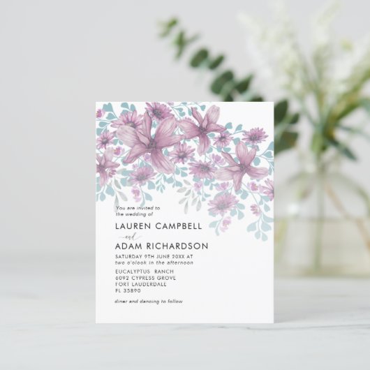 Budget Blumenrosa Wasserfarben Hochzeit Einladung (Stehend Vorderseite)