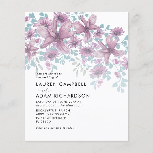 Budget Blumenrosa Wasserfarben Hochzeit Einladung (Vorderseite)