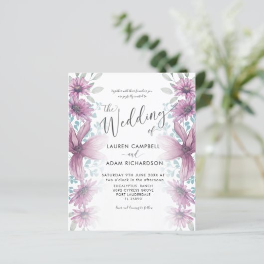 Budget Blumenrosa Wasserfarben Hochzeit Einladung (Stehend Vorderseite)