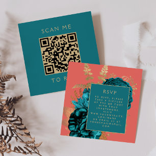 Budget Blumiges Türkis Korallen Gold QR Code RSVP Begleitkarte