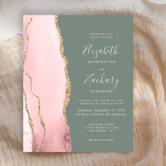 Budget Blush Agate Sage Green Hochzeit Einladung