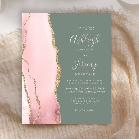 Budget Blush Agate Sage Green Hochzeit Einladung