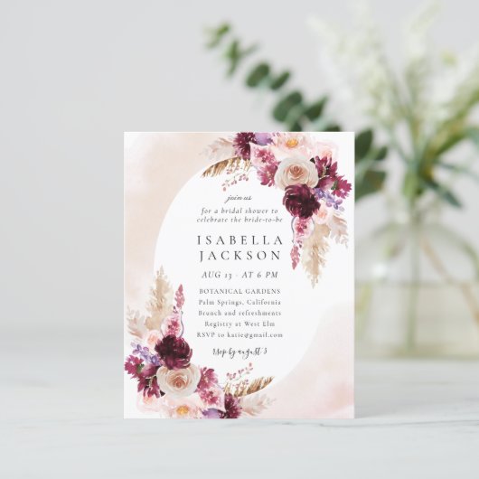 Budget Blush Boho Blumendusche Einladung (Stehend Vorderseite)