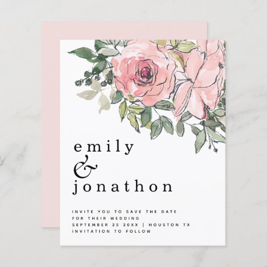 Budget Blush Florals Hochzeit speichern das Datum (Vorne/Hinten)